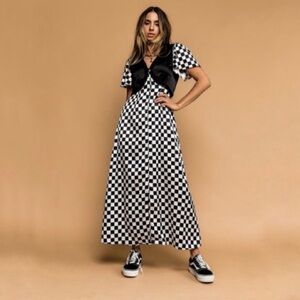 Dressed in LALA No Risk No Magic Maxi Dress Size L Checkerboard Satin Rockabilly